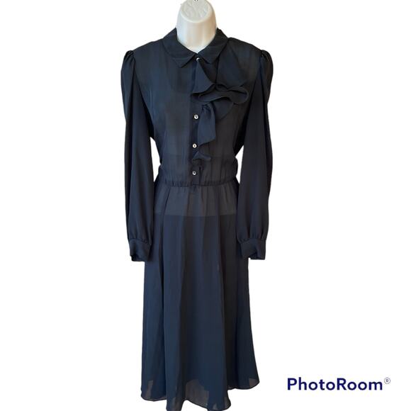 VTG Jeri New York Chiffon Black Sheer Ruffle Button Front Dress Long Sleeve 8 - Picture 1 of 11
